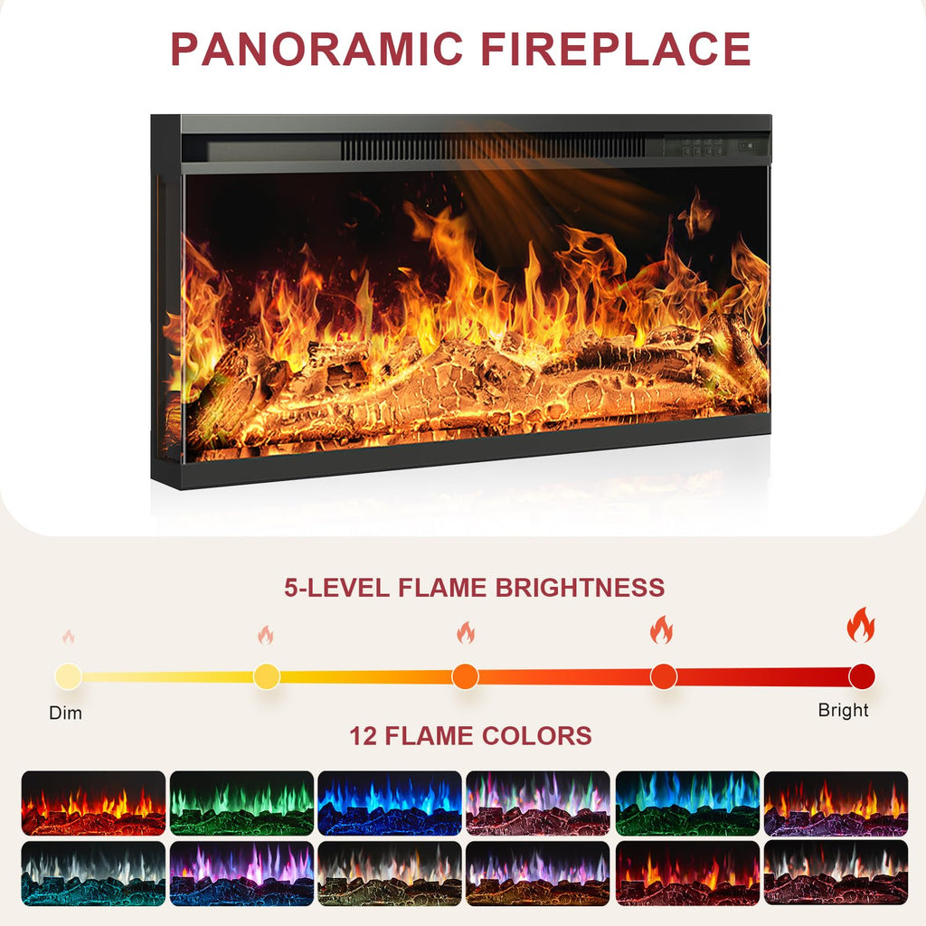 70" with 3-Sided Glass Fireplace, Modern Wood Entertainment Center with LED Lights and Glass Door, 36" Fire Place TV
