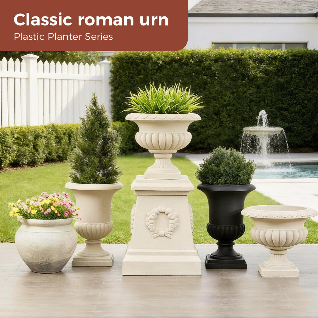 20" H Large Roman Urn Planter, Lightweight Weatherproof Plastic Flower Pot