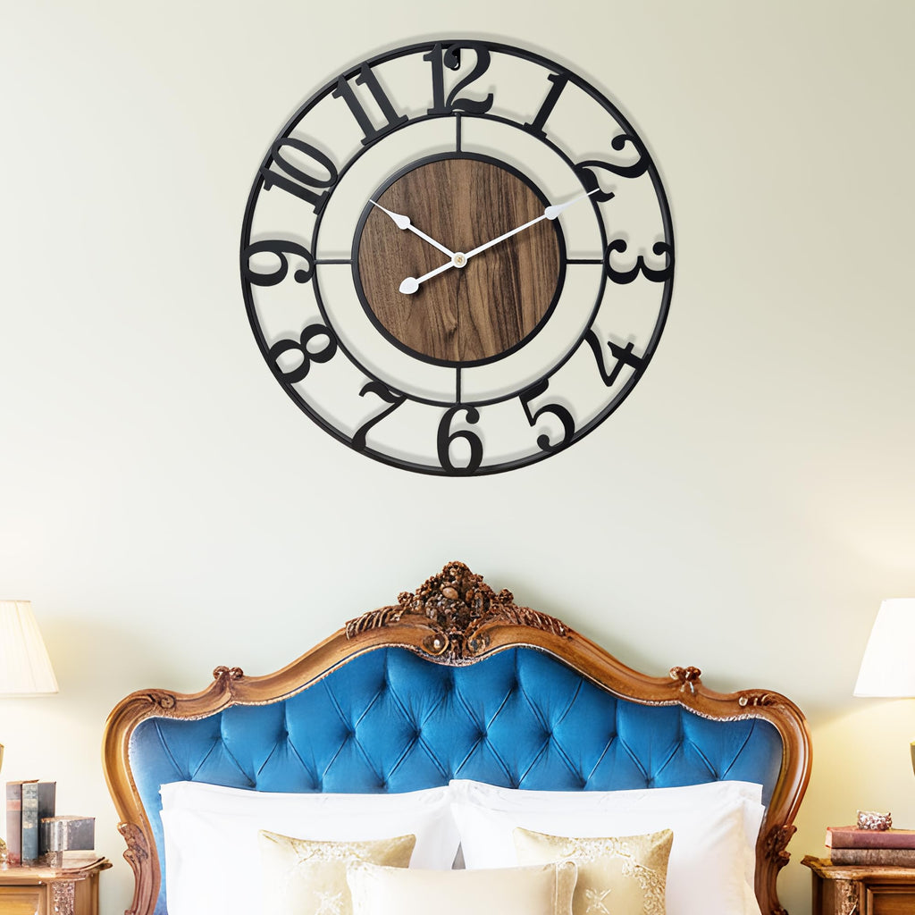 Large Metal Wall Clock, 24 Inch Retro Decorative Silent, Non Ticking, Battery Operated Modern Big Wood Wall Clock