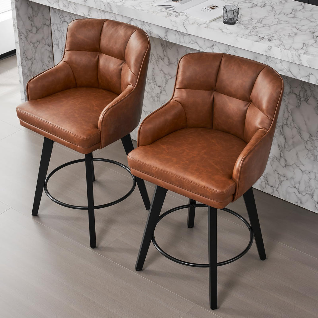 360°Swivel Counter Height Bar Stools with Back, 30 inch Solid Wood Legs, Bar Stool Modern Kitchen Island Chairs, Faux