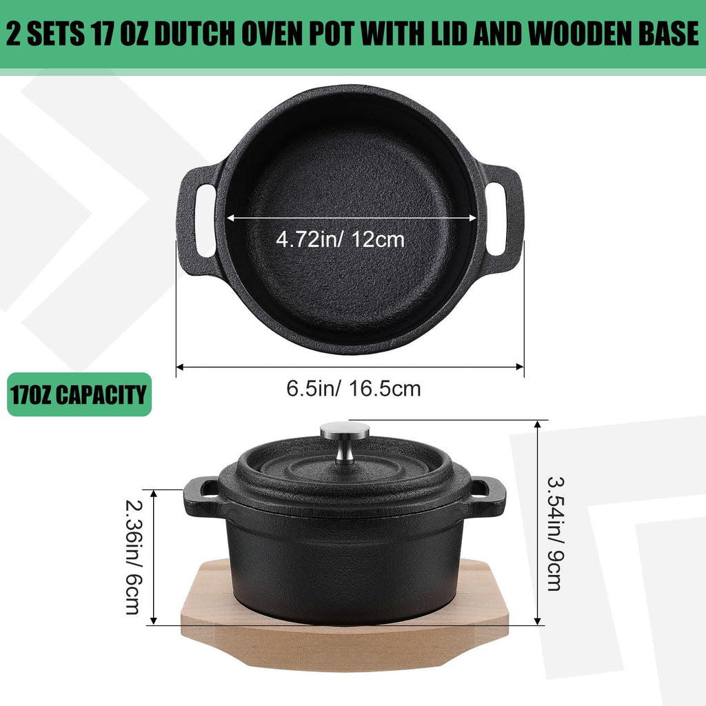 2 Sets 17 oz Mini Dutch Oven Cast Iron Pot with Lid Wood Base