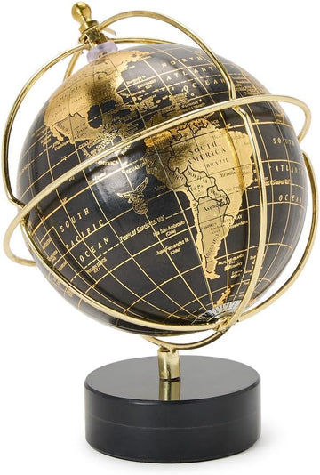 Around The World Foil Marble Base Globe, 8-inches Height, Black and Gold