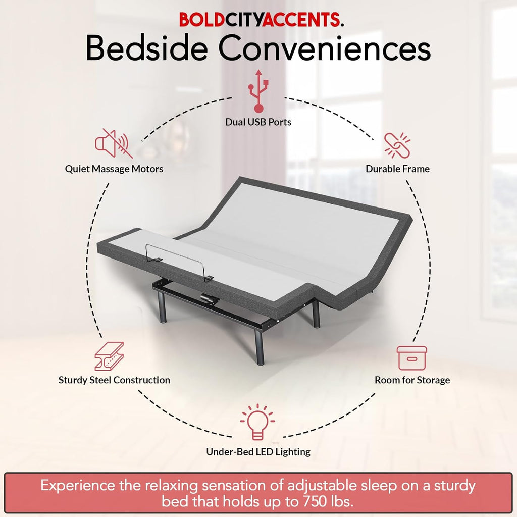Adjustable Bed Frame with Wireless Remote - Comfortable Zero Gravity Massage with Head & Foot Incline, Dual USB