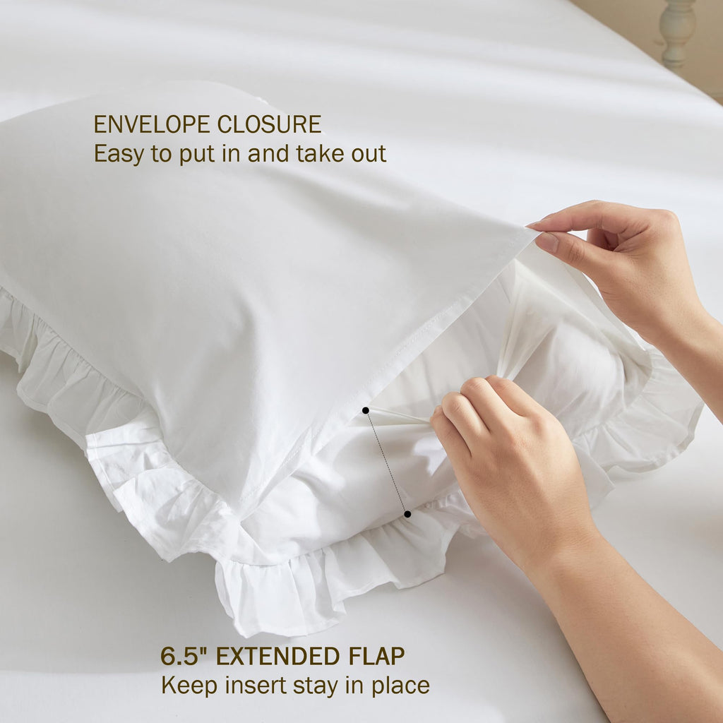 White Ruffle Pillow Shams 2Pcs, 100% Cotton Pillow Cases, 20x36