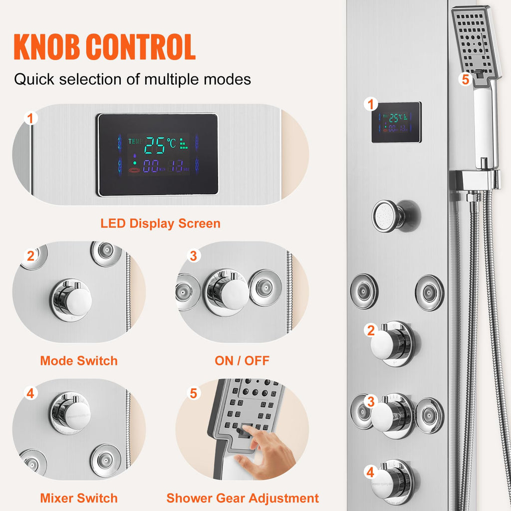 Shower Panel, 6 Shower Modes, LED & Screen Hydroelectricity Shower Tower Panel System, Rainfall, Waterfall, 8 Massage