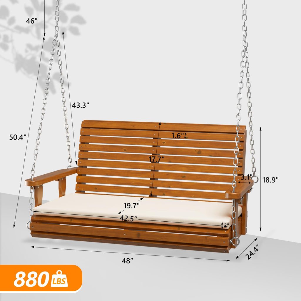 Wooden Porch Swing, Heavy Duty 880 LBS Hanging Patio Bench with Extra Cushion for Lawn| Garden| Courtyard (Brown, 4