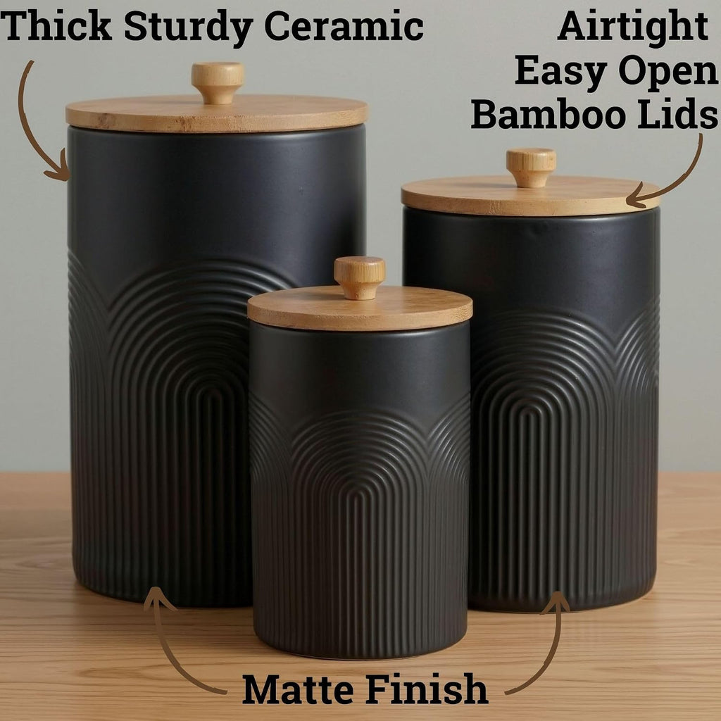 Ceramic Kitchen Canisters for Countertop w/ Airtight Bamboo Lids - Set of 3