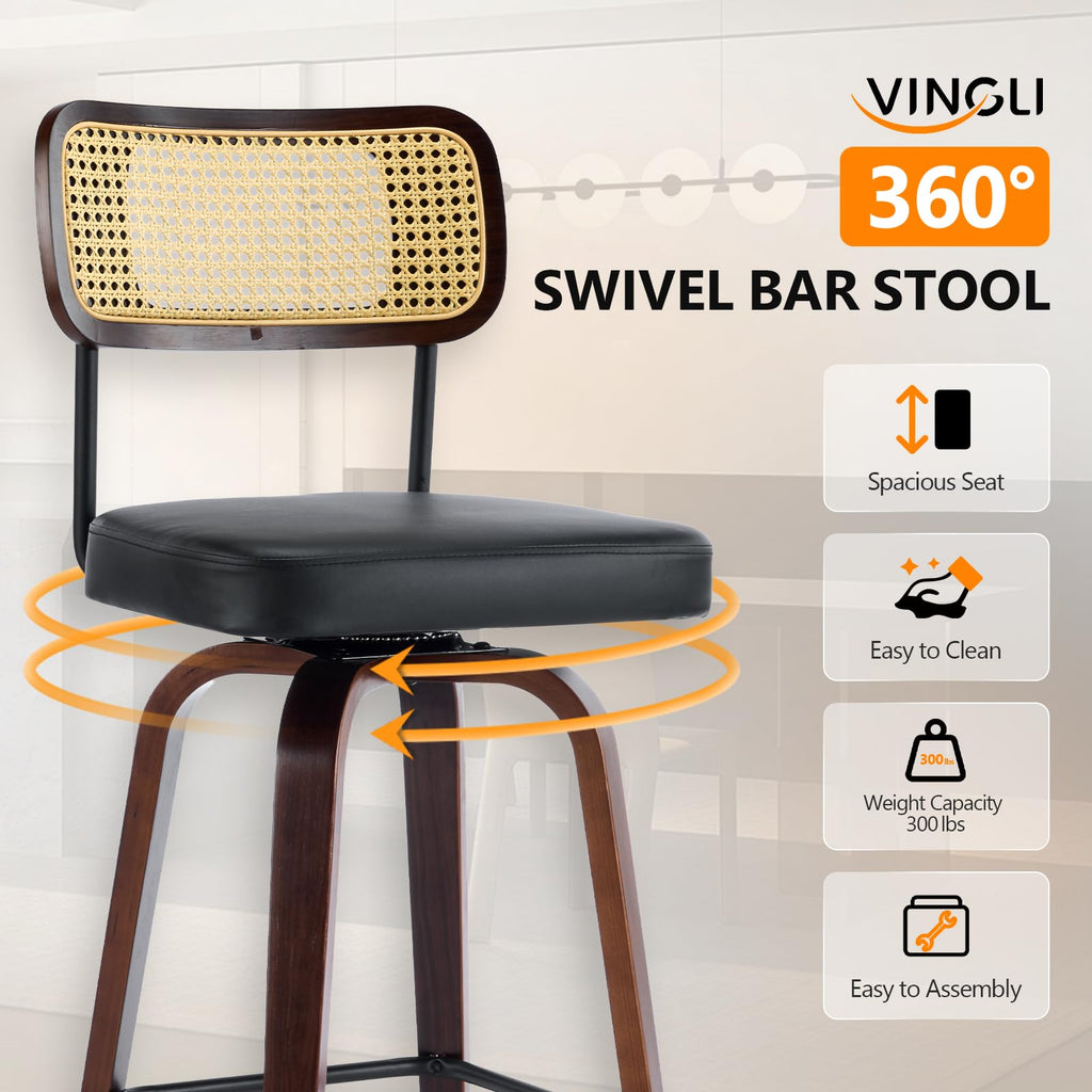 Modern Bar Stool 26" H, PU Leather with Rattan Back, 360° Swivel, Solid Wood Legs Barstools Island & Home Bar, Black