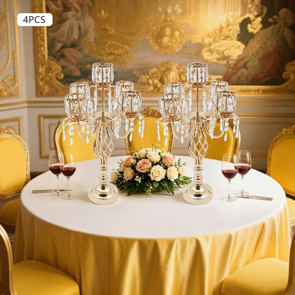 5-Arm Gold Crystal Candle Holder Set of 4, Elegant Table Centerpiece | Electroplated Iron Candelabra for Weddings &