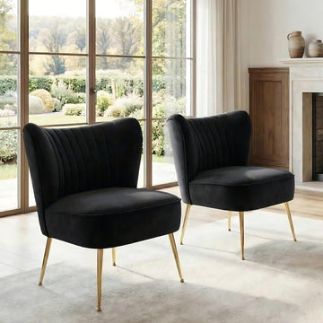 Modern Accent Chair Set of 2 Velvet Slipper Chair with Gold Legs Wingback Side Chair Bedroom Entryway Small Corner