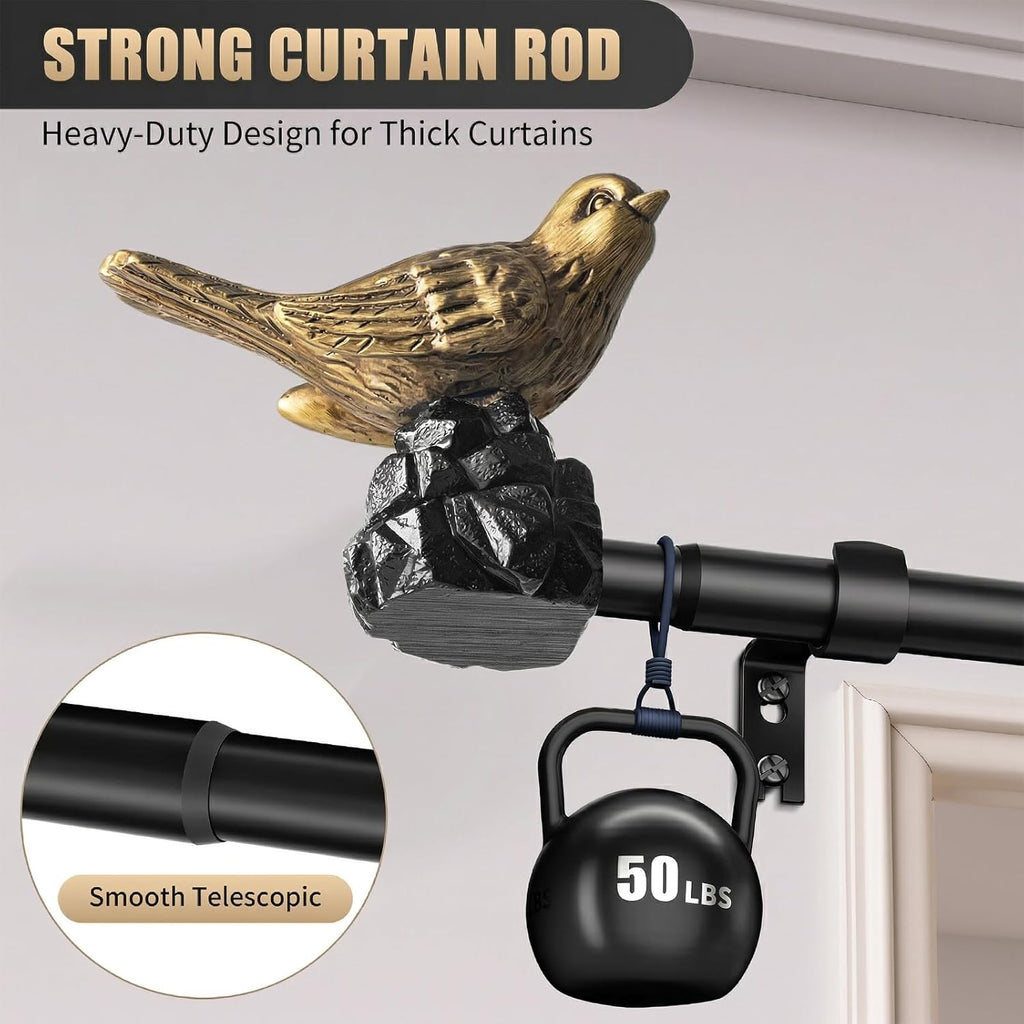 Vintage Black Curtain Rod Curtain Rods for Windows Adjustable Heavy Duty Drapery Rod with Gold Bird