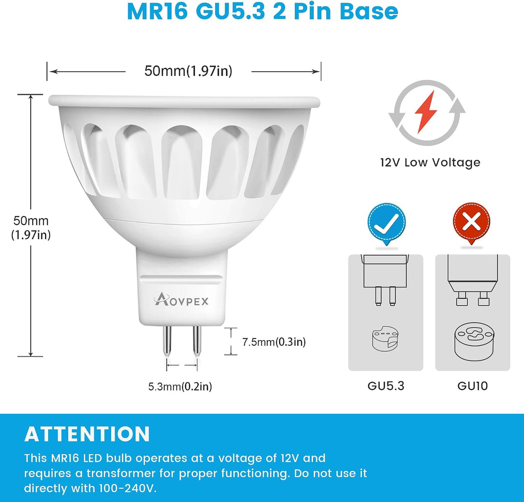 6 Pack Dimmable MR16 LED Bulbs, 12V 5W(50-Watt Equivalent), 3000K Warm White, GU5.3 Bi-Pin Base, 40-Degree, Indoor