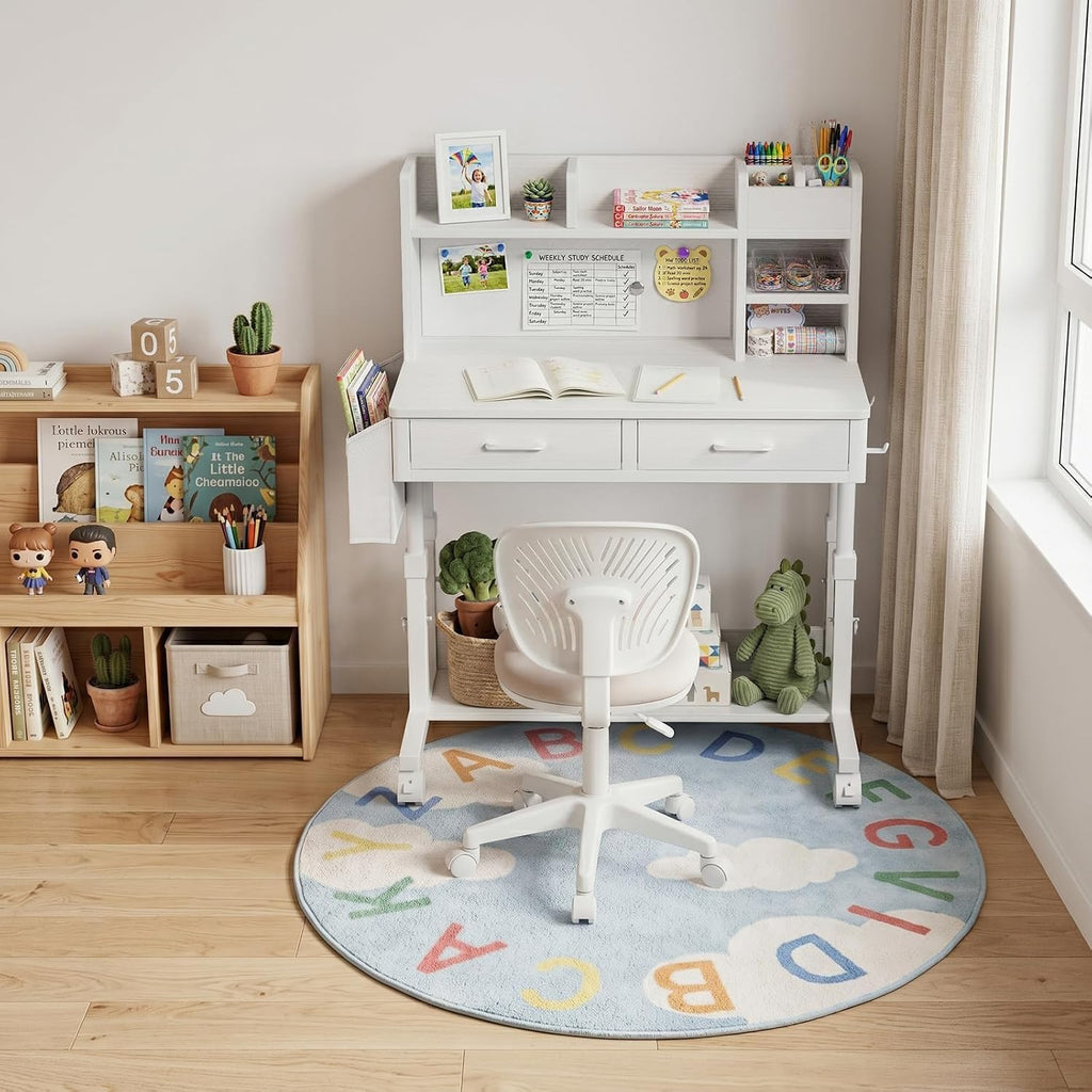White Kids Desk with Hutch, Height Adjustable 32" Small Study Table