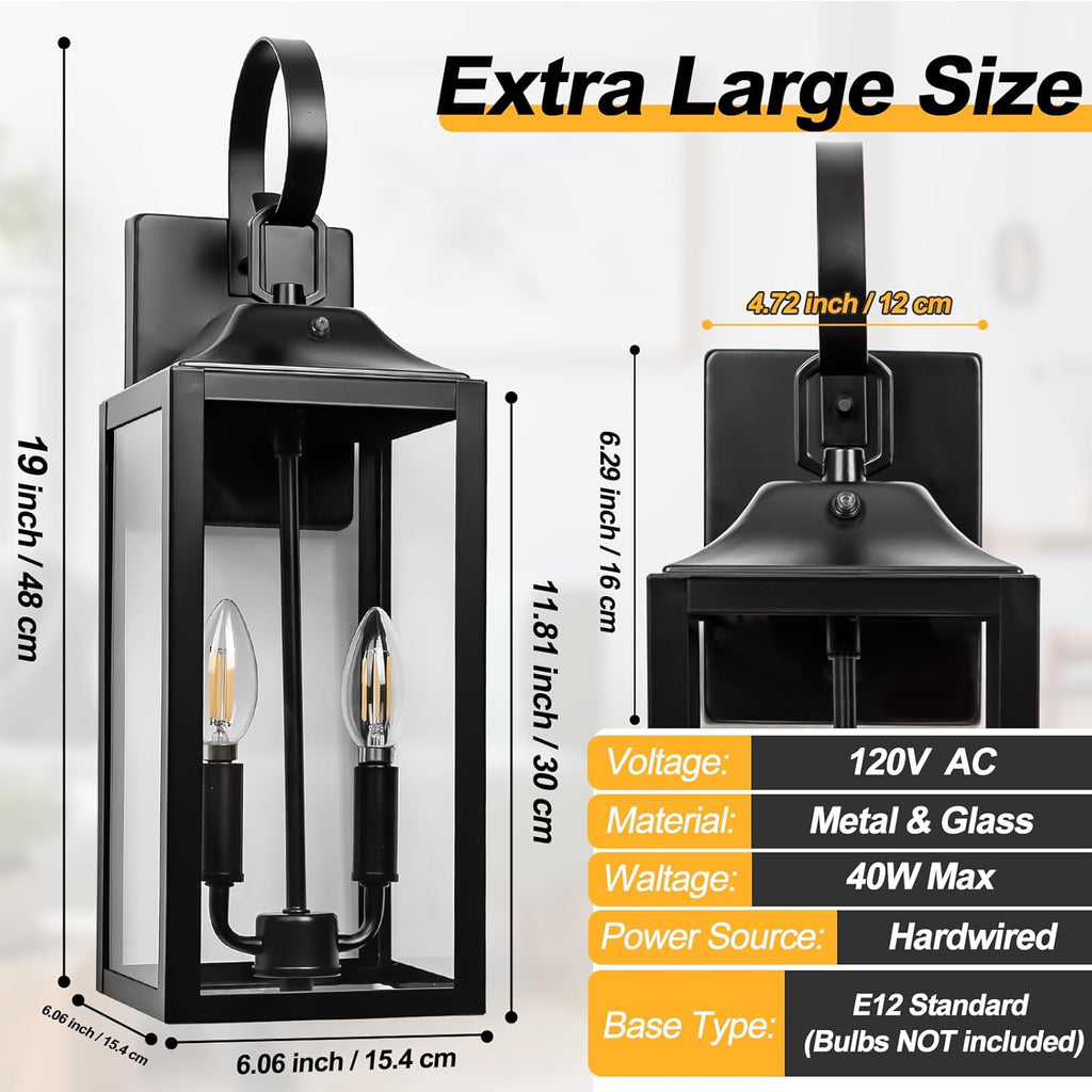 Black Dusk to Dawn Outdoor Wall Lantern 2-Light, 19" Large Outside Modern Porch Sconce Light Fixture