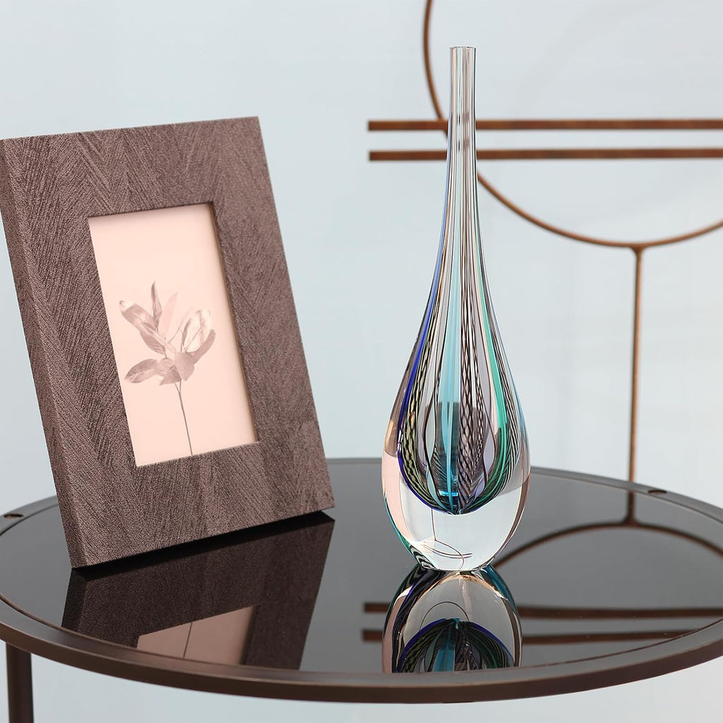 Murano Style Art Glass Drop Vase Hand Blown Blue Boho Effect Home Decor | Hand Blown Glass Drop, Decorative Table