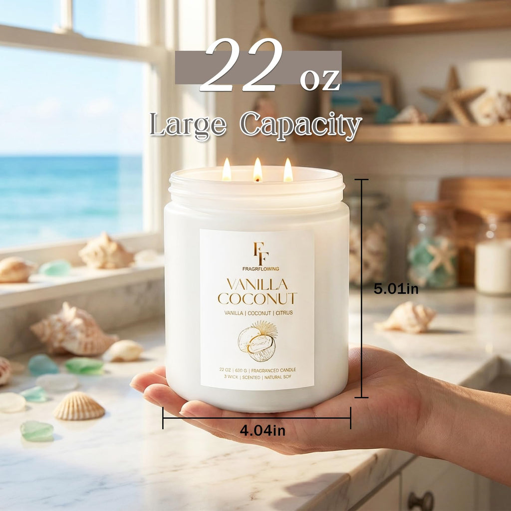 Vanilla Coconut Large Scented Candle, 3-Wick 22oz Long Lasting Scented Candle, Natural Soy Wax Aromatherapy Candle