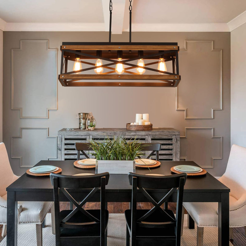 Rustic Farmhouse Wood Kitchen Island Lighting, 5 Lights Rectangular Pendant Light Fixture, Adjustable Chain Oak Wood