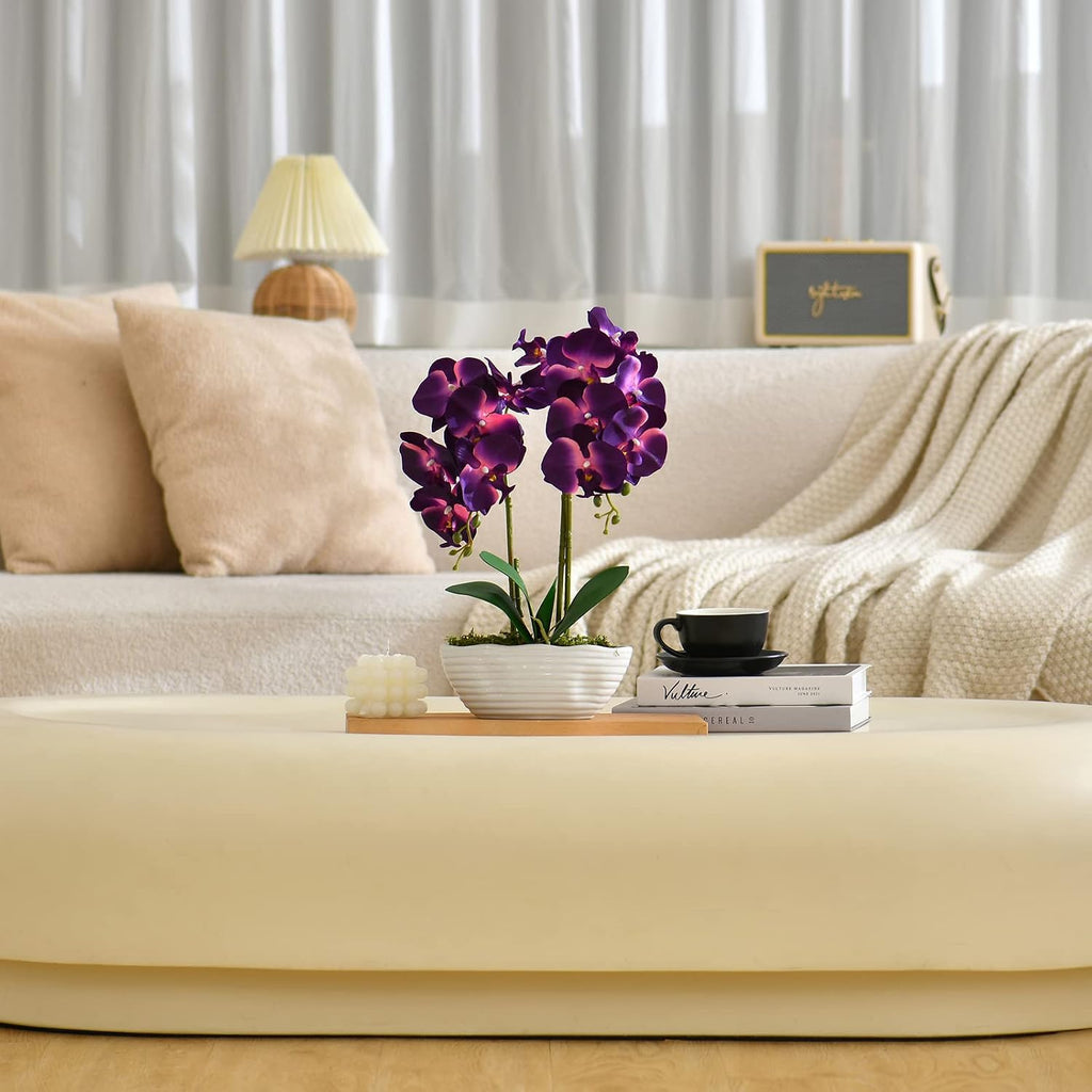 Large Artificial Orchid Arrangement in Oval Ribbed Ceramic Pot, Dark Purple