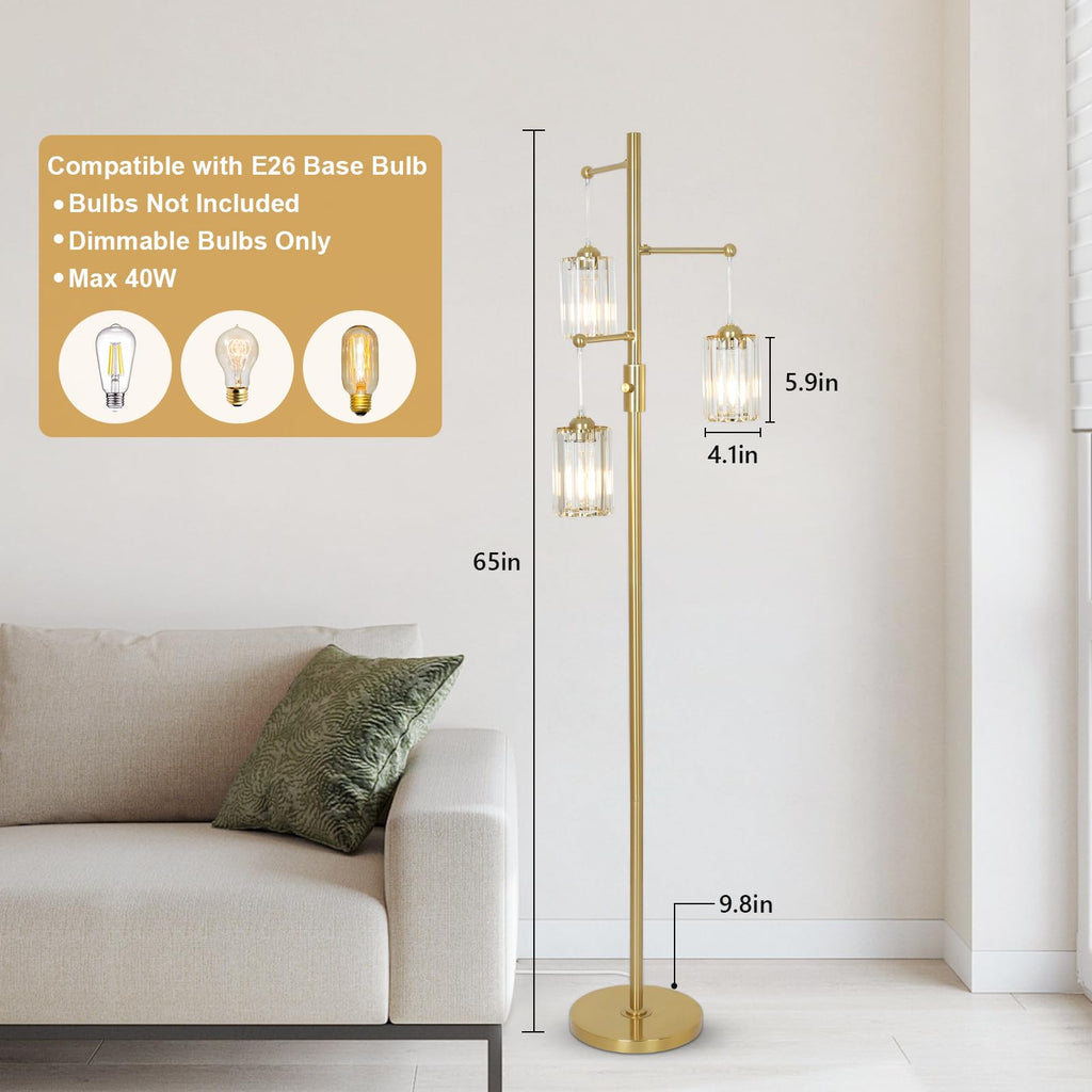 Gold Crystal Floor Lamps, Dimmable 3 Lights Modern Standing Lamp with Crystal Shade, Dimmer Switch, 65" Industrial