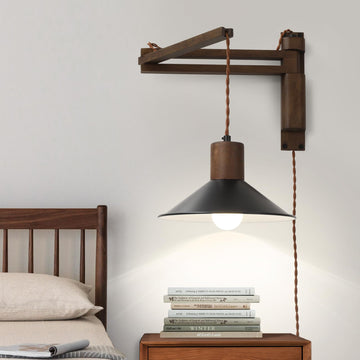 Plug in Wall Lamps Adjustable Swing Arm, Farmhouse Wood Wall Lights Bedroom