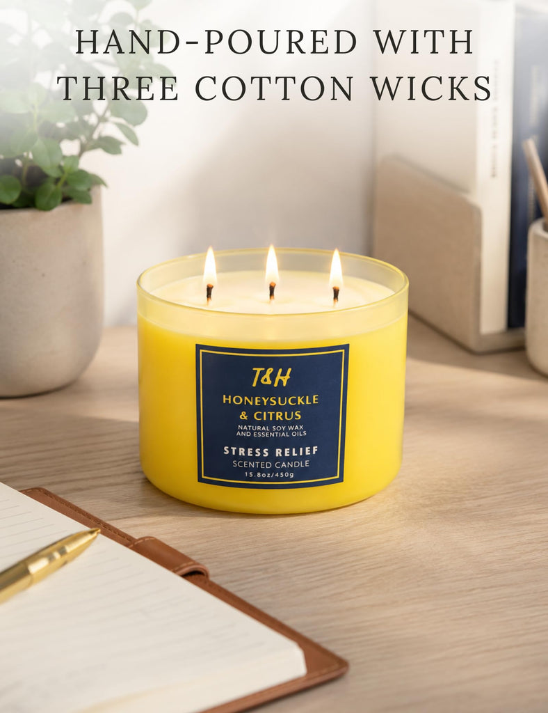 Honeysuckle Citrus Scented Soy Candle, Large 3-Wick Candle 15.8 oz
