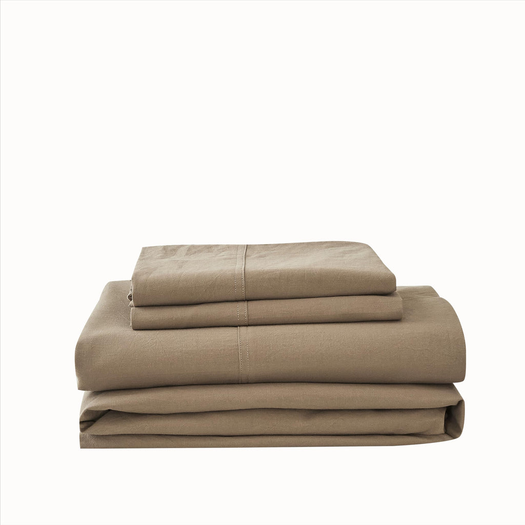 6Pcs Mocha Brown Solid Bedding Set 100% Washed Cotton