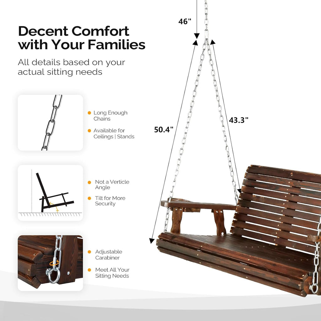 XL 5 FT Pro Wooden Porch Swing with Cup Holders, 880 LBS, Rustic | Heavy-Duty Wood Frame; 880-Lb Capacity; Cup