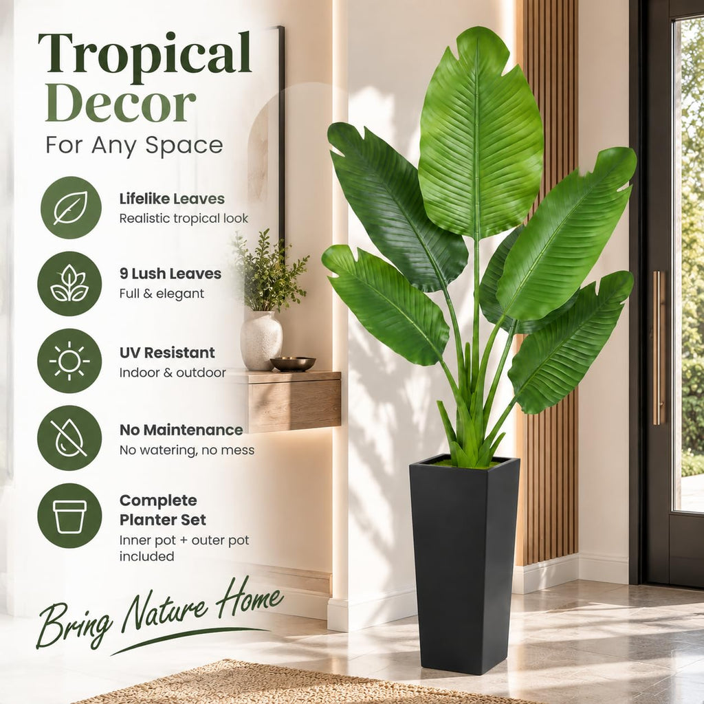 Artificial Bird of Paradise Plant 5FT Tall, Large Fake Tropical Palm Tree with 9 Realistic Banana Leaves, UV