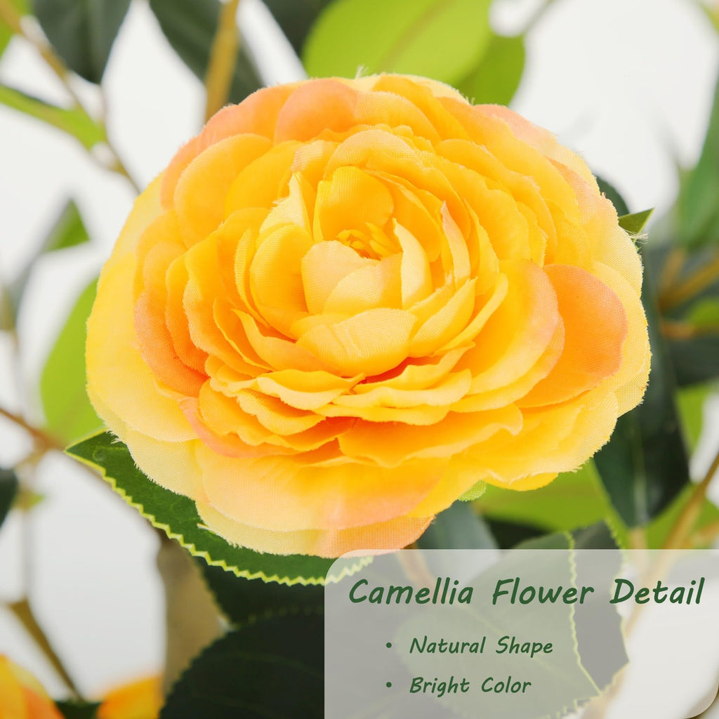 5ft Artificial Camellia Tree with Silk Orange Flowers, 60in Faux Camellia Plant with Lifelike Trunk, Fake Flower Tree