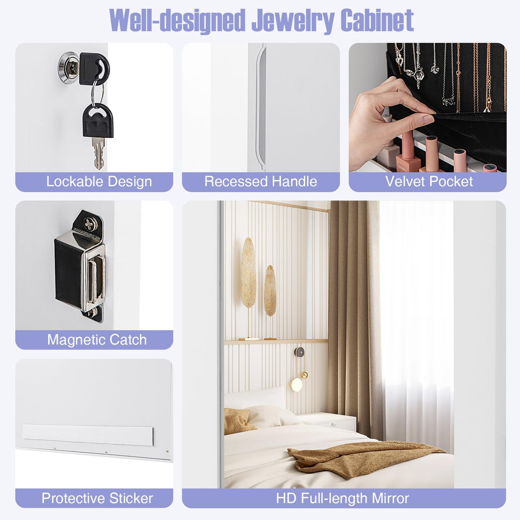 Mirror Jewelry Cabinet, Wall Door Mounted Jewelry Armoire with Full Length Mirror, Internal LED Lights & Drawers