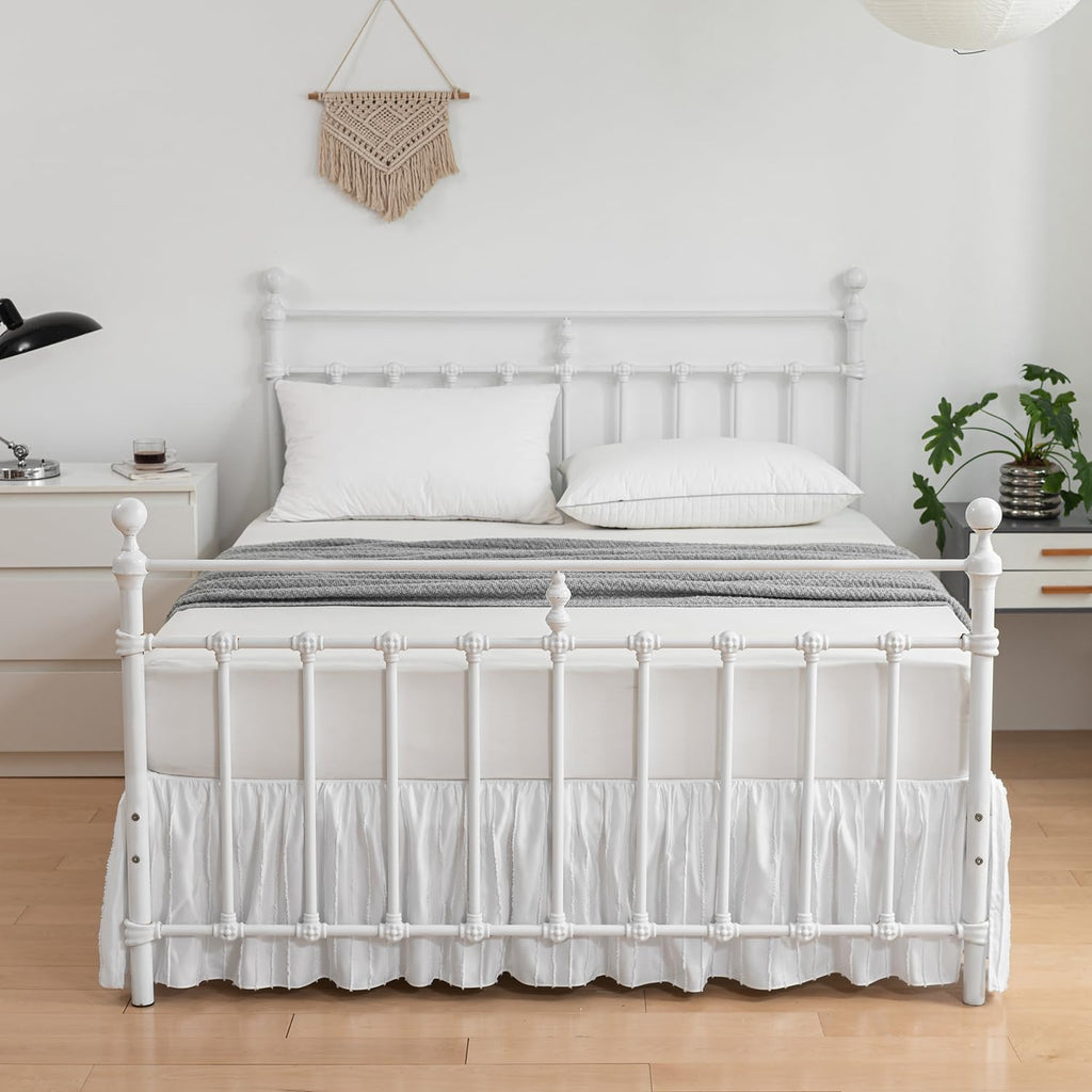 Bed Skirt Queen Size, Ruffled Bed Skirts 18 Inch Drop, White | Striped Boho Tufted, with Split Corners, Easy Fit