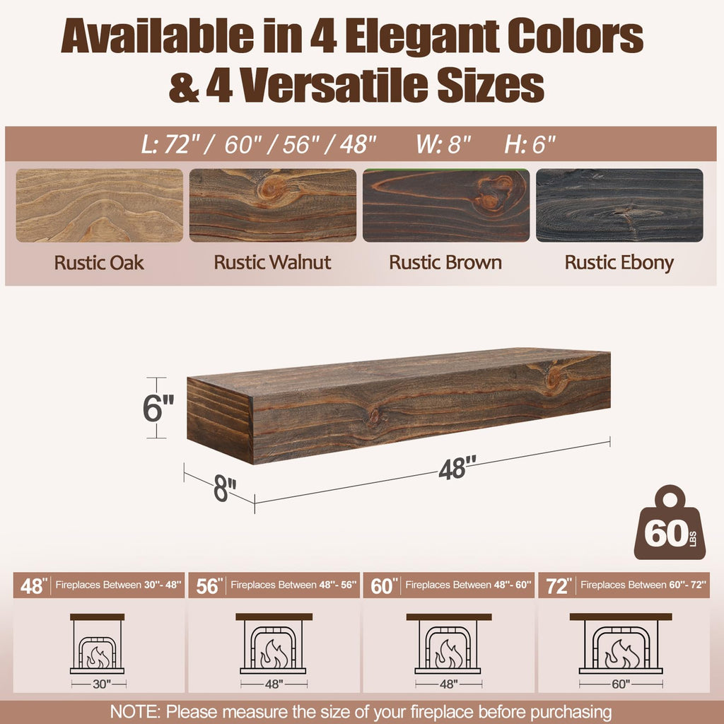 Solid Wood Fireplace Mantel 48", Rustic Mantel Shelf, Rustic Walnut