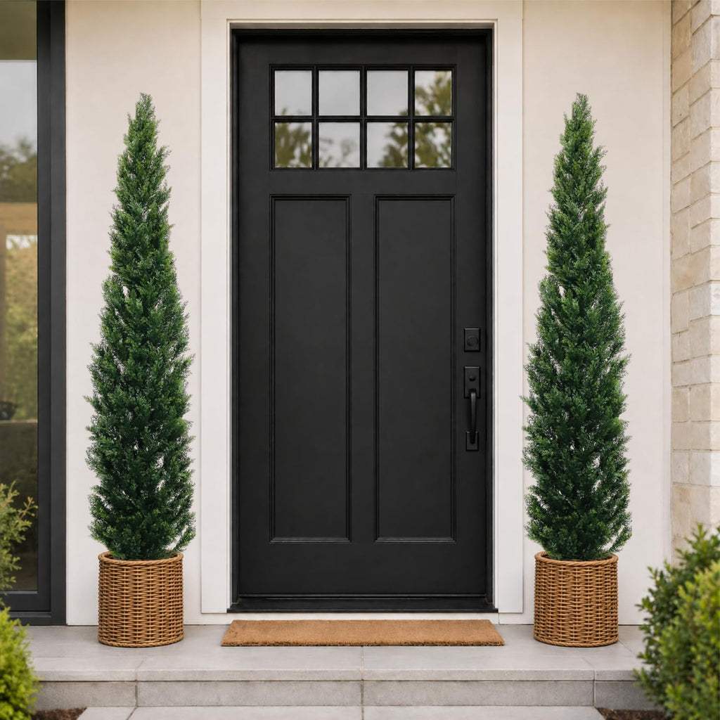 7 Feet Outdoor Artificial Topiary Cedar Tree, Set of 2 UV Resistant Potted Faux Cedar Trees for Outdoors and Indoors