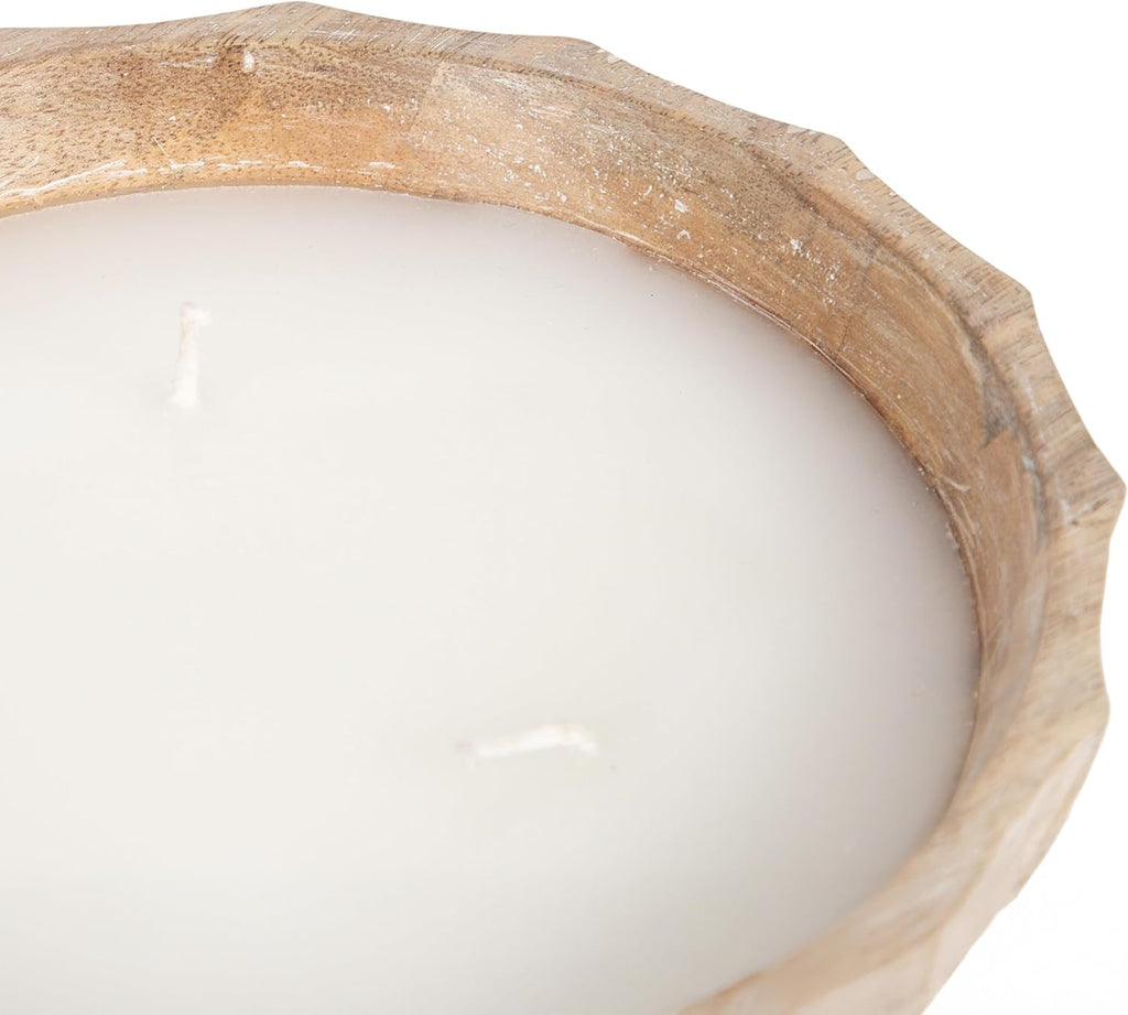 Plete Round Pleated Wood Candle Bowl, 8 Inch Diameter, Light Natural, Modern Scalloped Three-Wick Unscented Candle