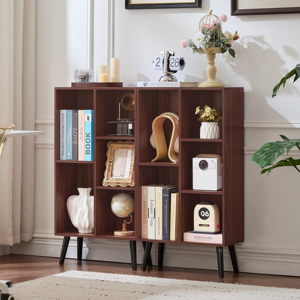 5 Cube Bookshelf, Mid-Century Modern Book Shelf with Legs, Walnut