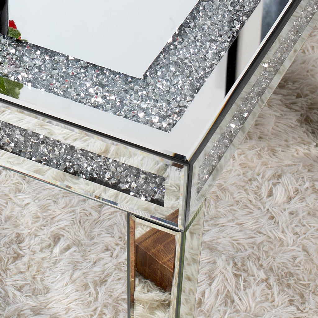Silver Coffee Table with Crushed Crystal Border, Mirrored Glass