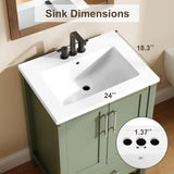 24" Light Green Freestanding Bathroom Vanity with Sink - Wooden Cabinet with Soft-Close Door