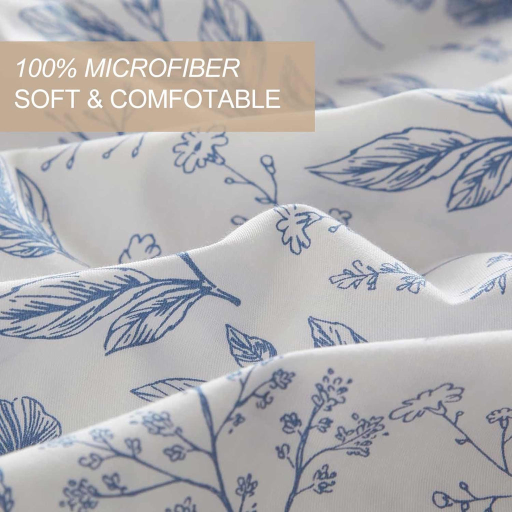 Floral Duvet Cover Set King, Blue and White Flower Leaf Print Pattern Bed Set, Soft Microfiber Reversible Comforter