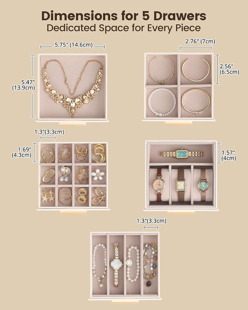Large Jewelry Box, 6-Layer Jewelry Organizer with 5 Drawers -Beige
