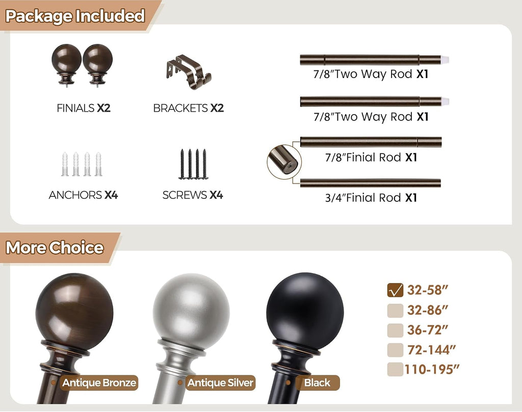 Curtain Rods 32 to 58 Inches (2.6-4.8ft), Antique Bronze Single Curtain Rod for Windows, 7/8 Inch Decorative Drapery