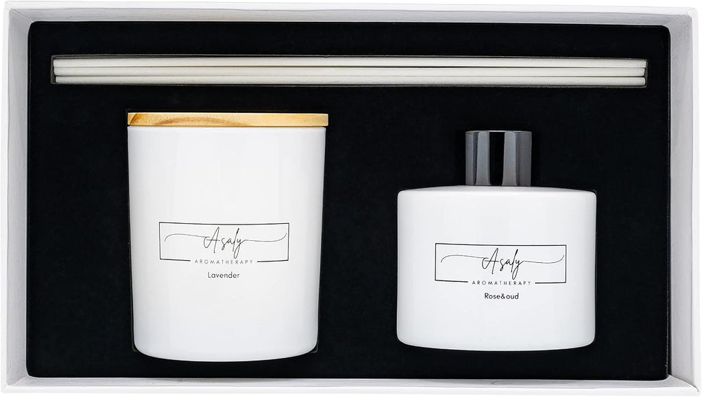 Luxury Lavender Candle & Reed Diffuser Gift Set for Women - Soy Wax Candle (30 Hr Burn) + Rose & Oud Reed Diffuser - Set of 2