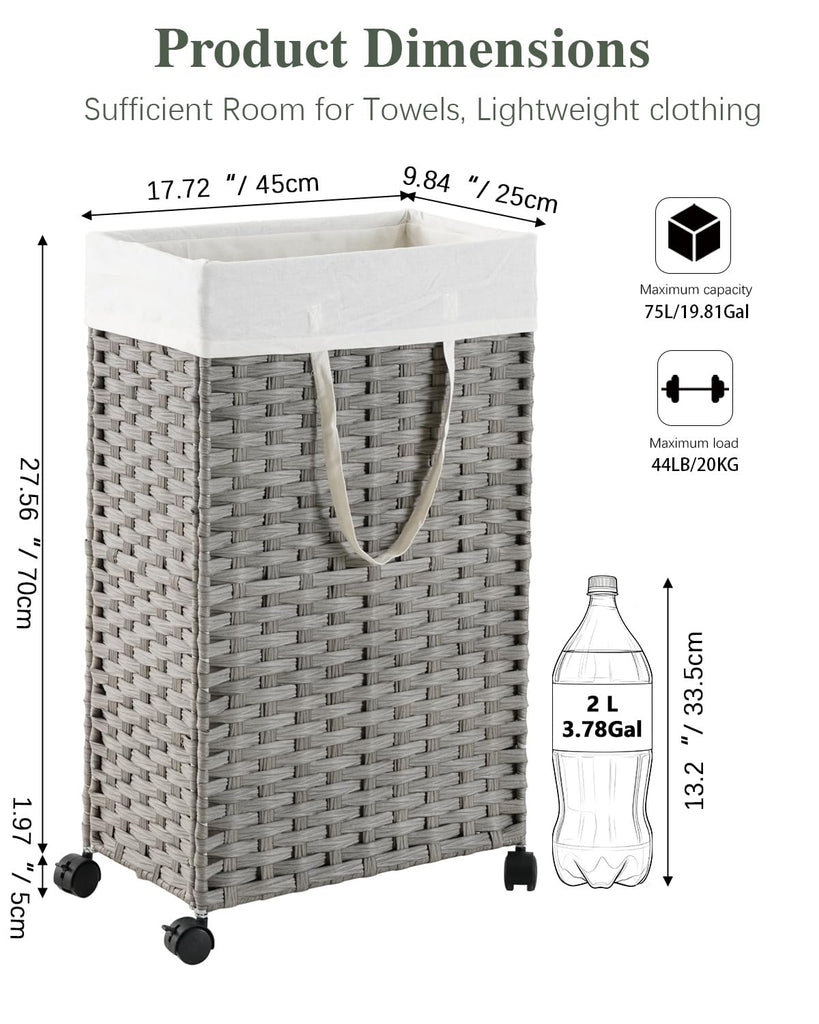 Slim Laundry Hamper 75L rolling laundry basket with Wheels Grey