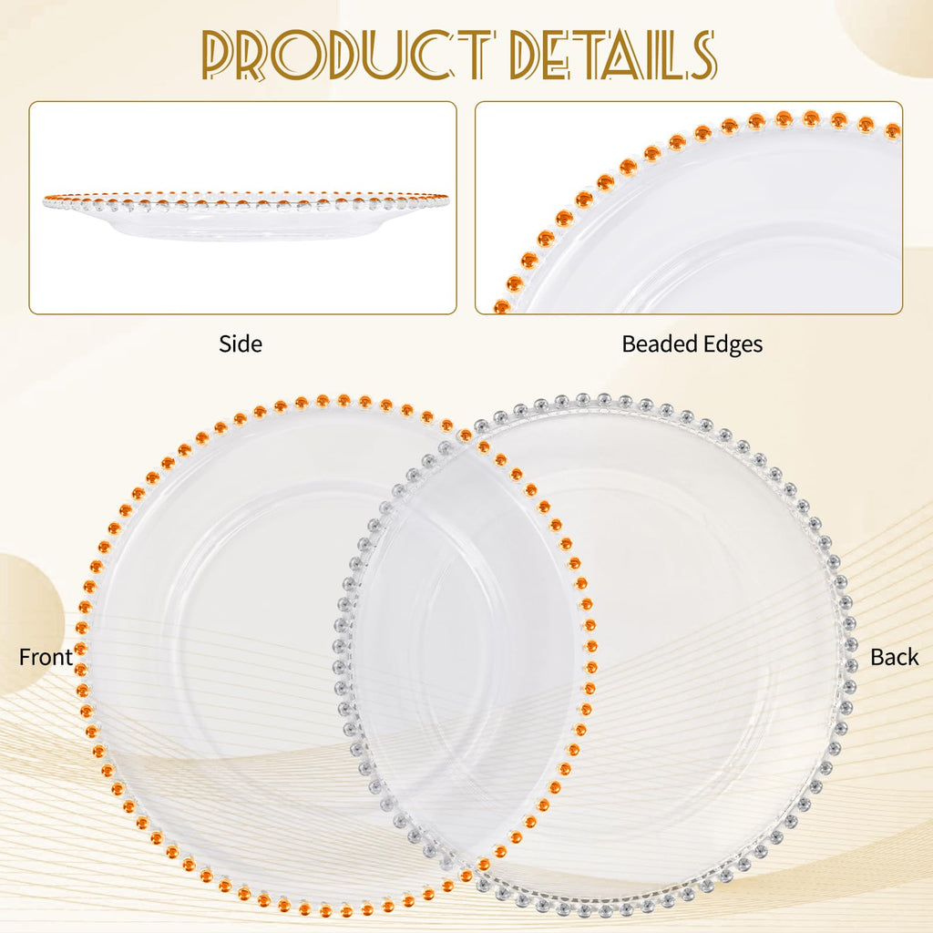 24 Pack 13 Inch Clear Charger Plates with Orange Beaded Rim