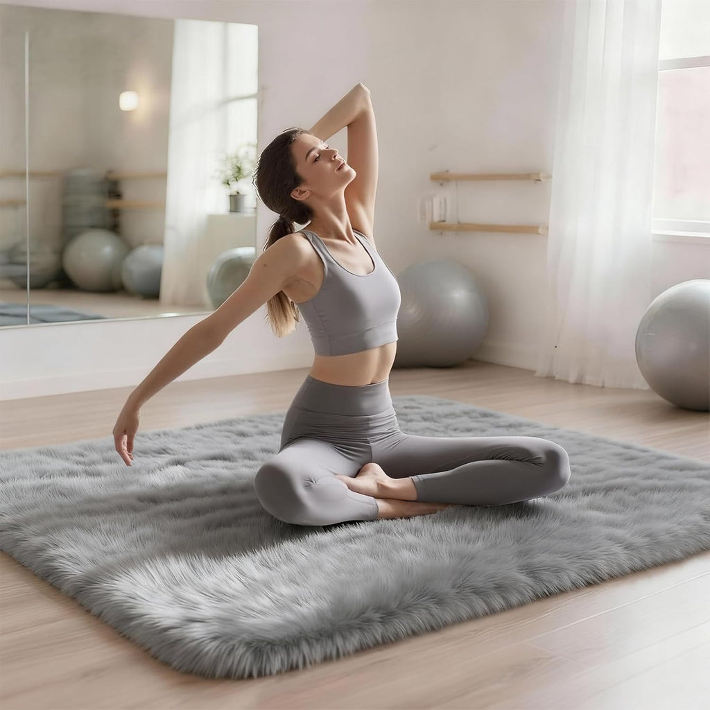 Washable Grey Solid Shag Area Rugs Bedroom