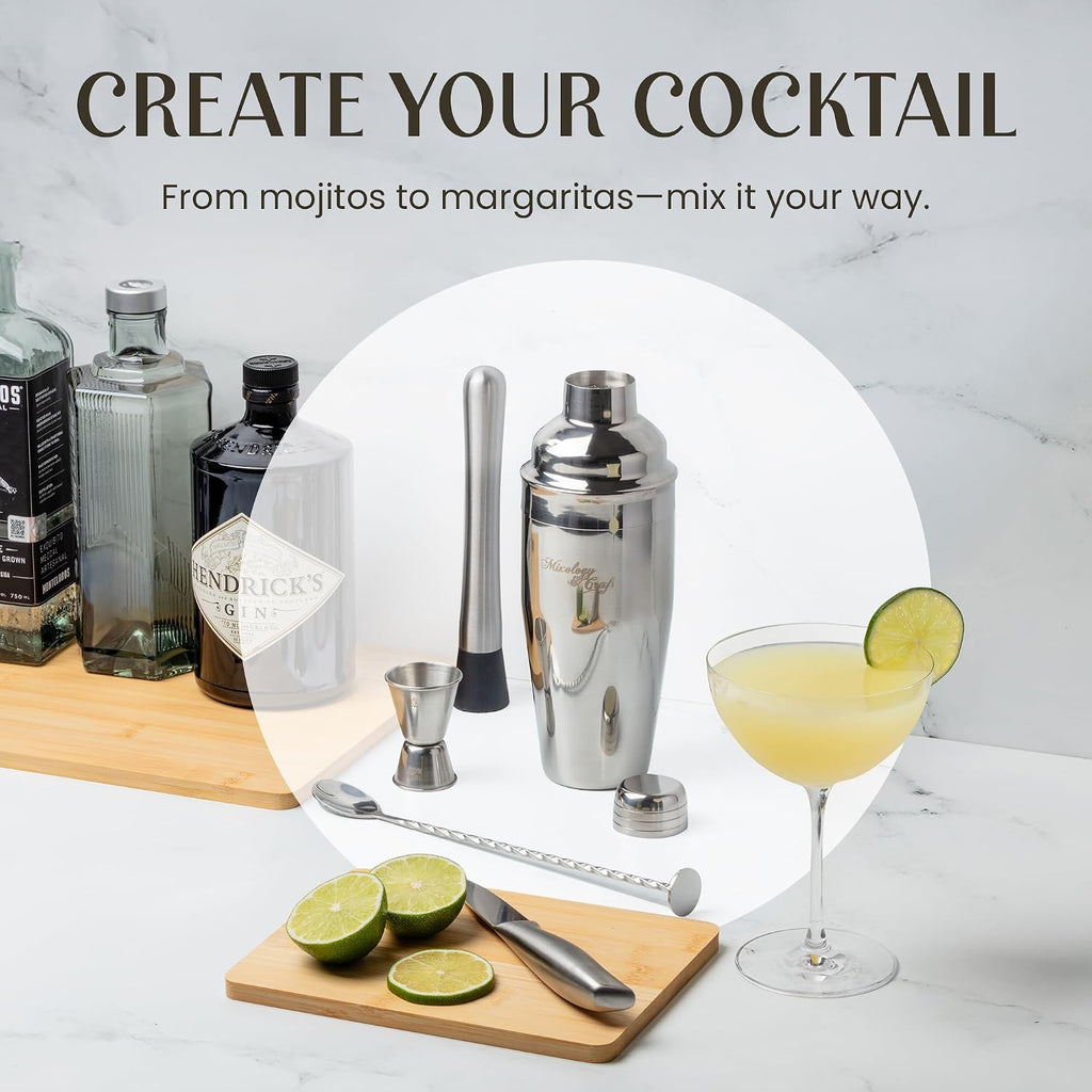 Cocktail Shaker Set: Complete Bartender Kit with Metal Stand and Bar Cart Accessories | Includes Exclusive Recipe - Set of 10