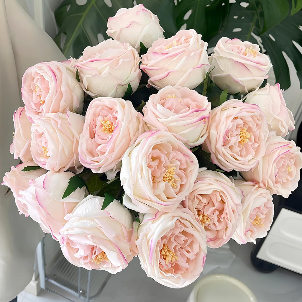 Real Touch Peonies Artificial Flowers, Blush Pink Fake Roses with Stem - Set of 6