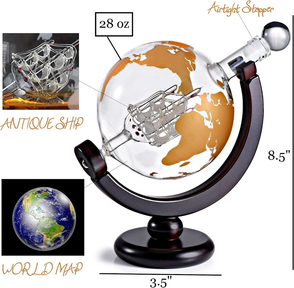 Whiskey Decanter Globe Gift Set - Rich Base Tray - Gold Whiskey Dispenser Airtight Stopper for Wine, Bourbon, Brandy