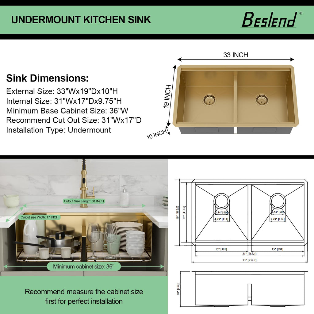 33 Gold Undermount Kitchen Sink Double Bowl