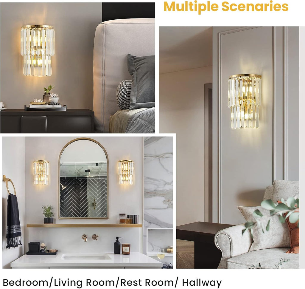 2-Lights Modern Crystal Wall Light, 2-Tiers Crystal Bedside Wall Mount Lighting Fixture, Mirror Gold Stainless Steel