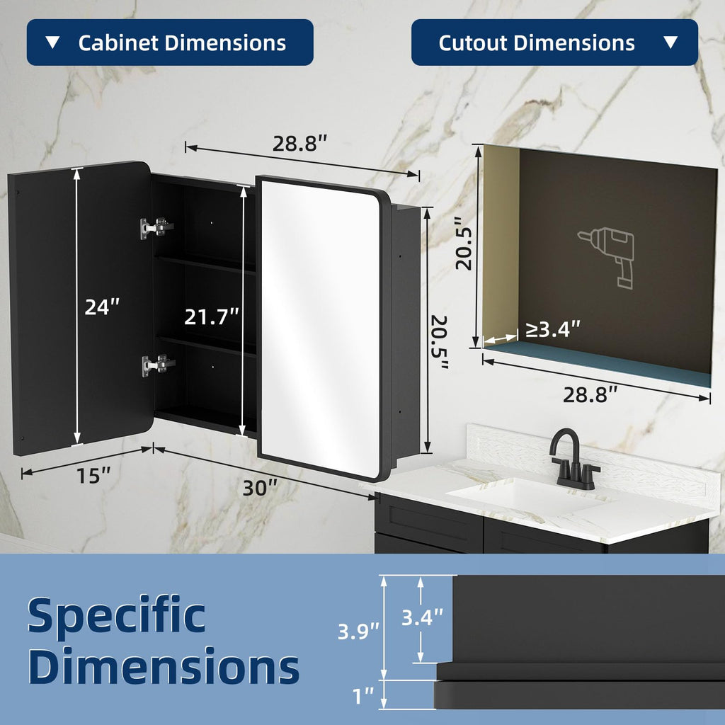 Bathroom Medicine Cabinet with Mirror 24 x 30 Inch, Black Medicine Cabinet Recessed or Surface Wall-Mounted, Mirrored